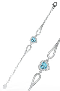 925 Sterling Silver Aquamarine Stone Rhodium Plated Diamond Look Heart Bracelet