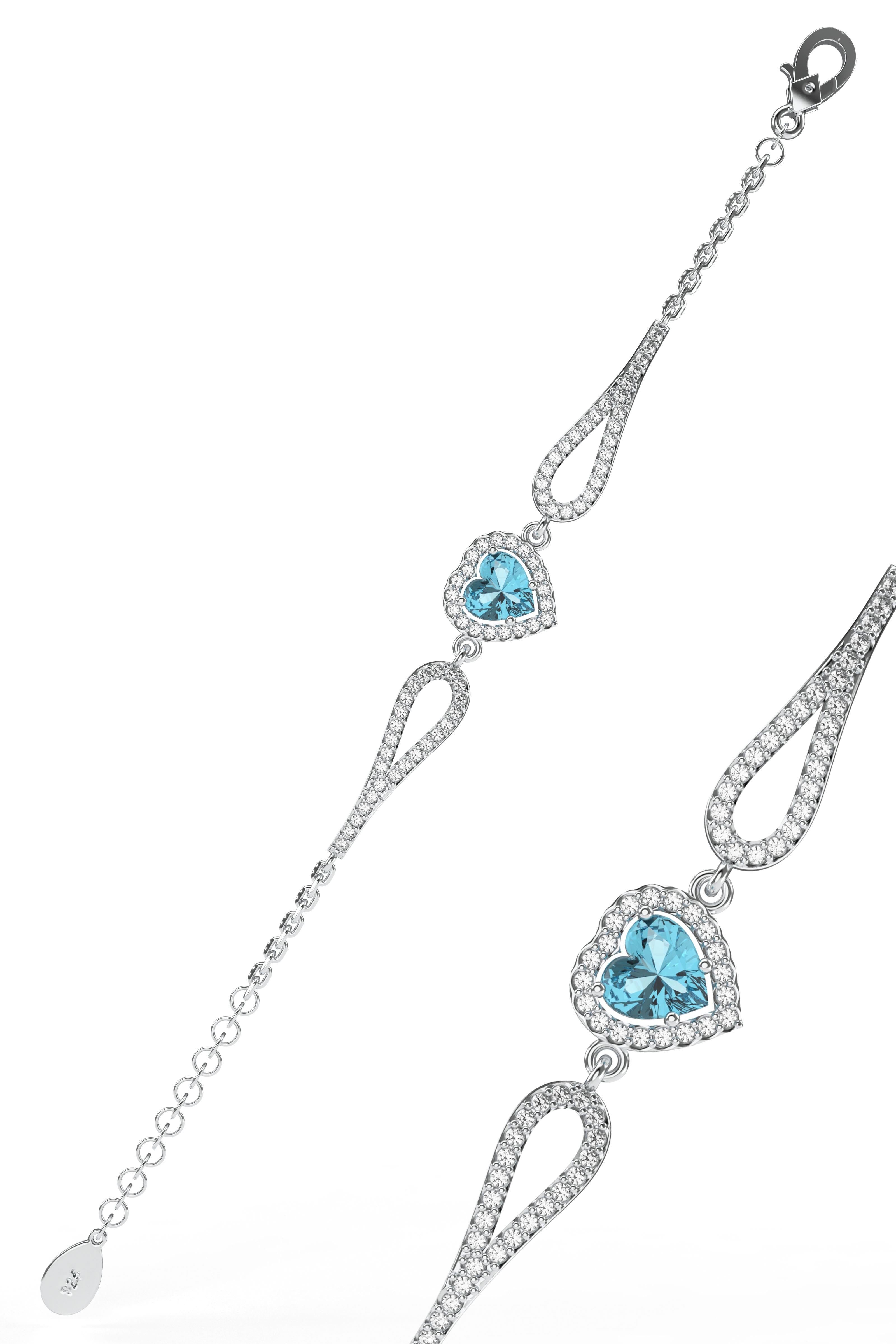 925 Sterling Silver Aquamarine Stone Rhodium Plated Diamond Look Heart Bracelet