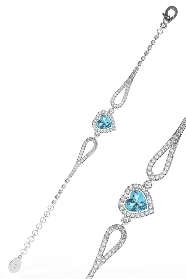 925 Sterling Silver Aquamarine Stone Rhodium Plated Diamond Look Heart Bracelet