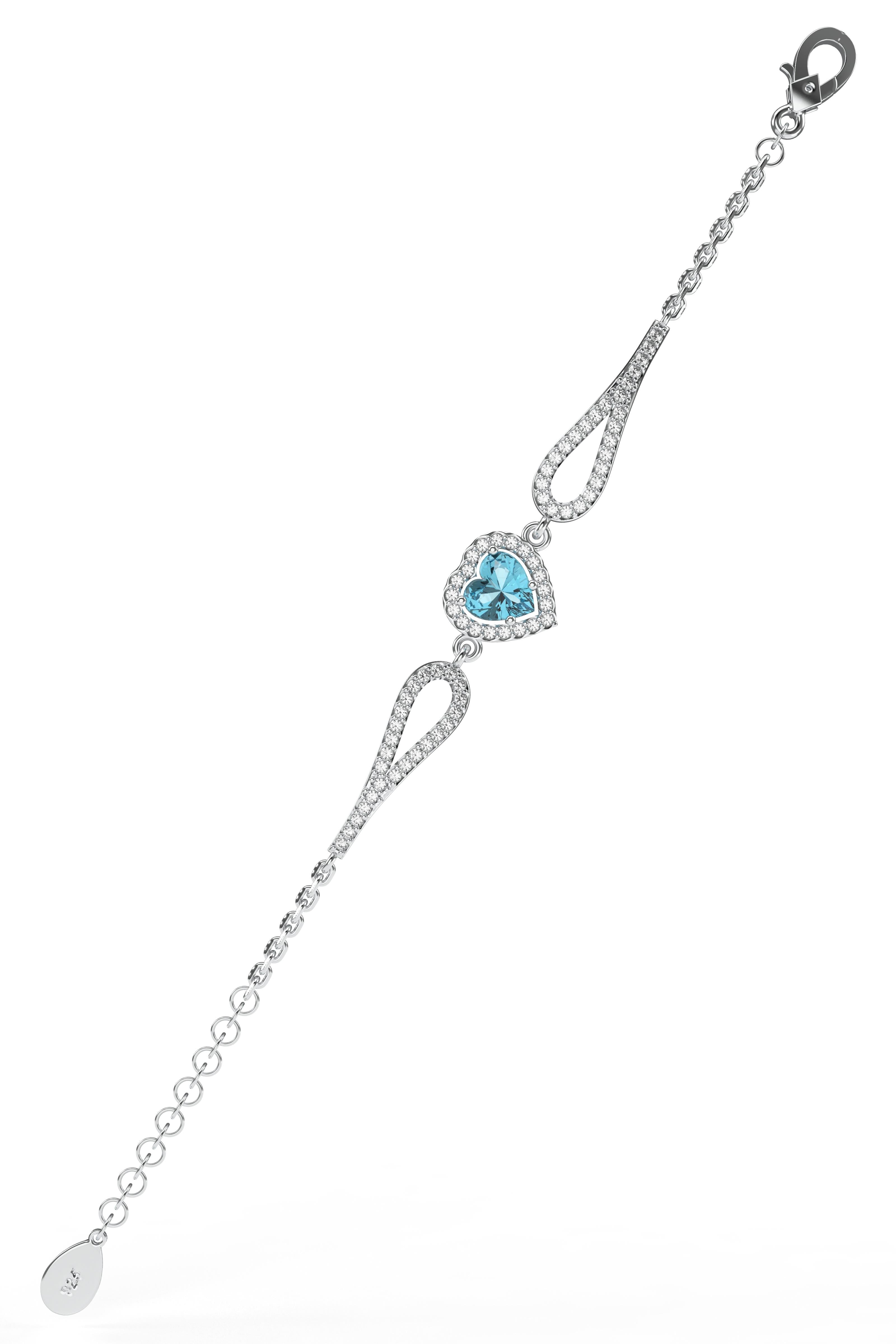 Aquamarine Sparkle Look Heart Bracelet Rhodium Plated Silver