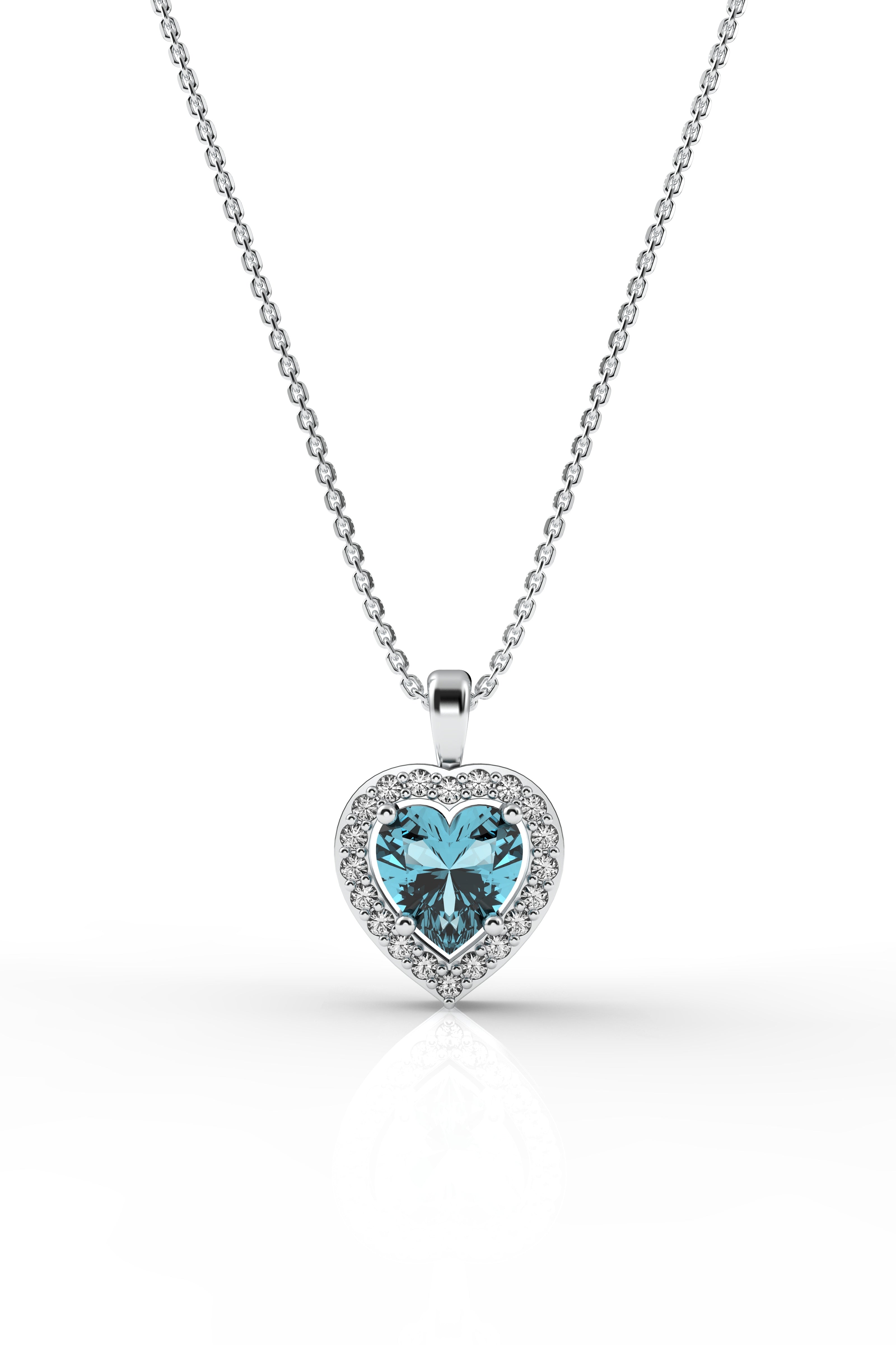 Aquamarine Sparkle Look Heart Necklace Rhodium Plated Silver