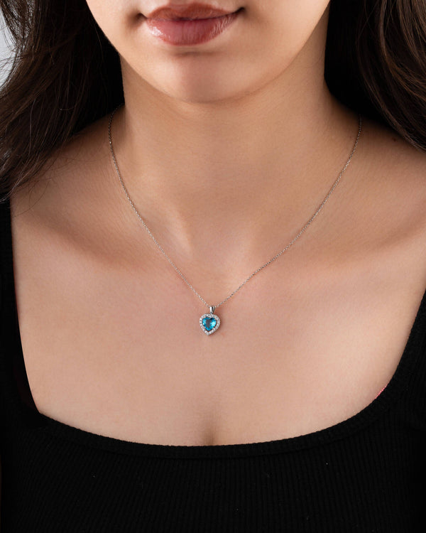 925 Sterling Silver Rhodium Plated Diamond-Look Heart Necklace with Aquamarine Stone