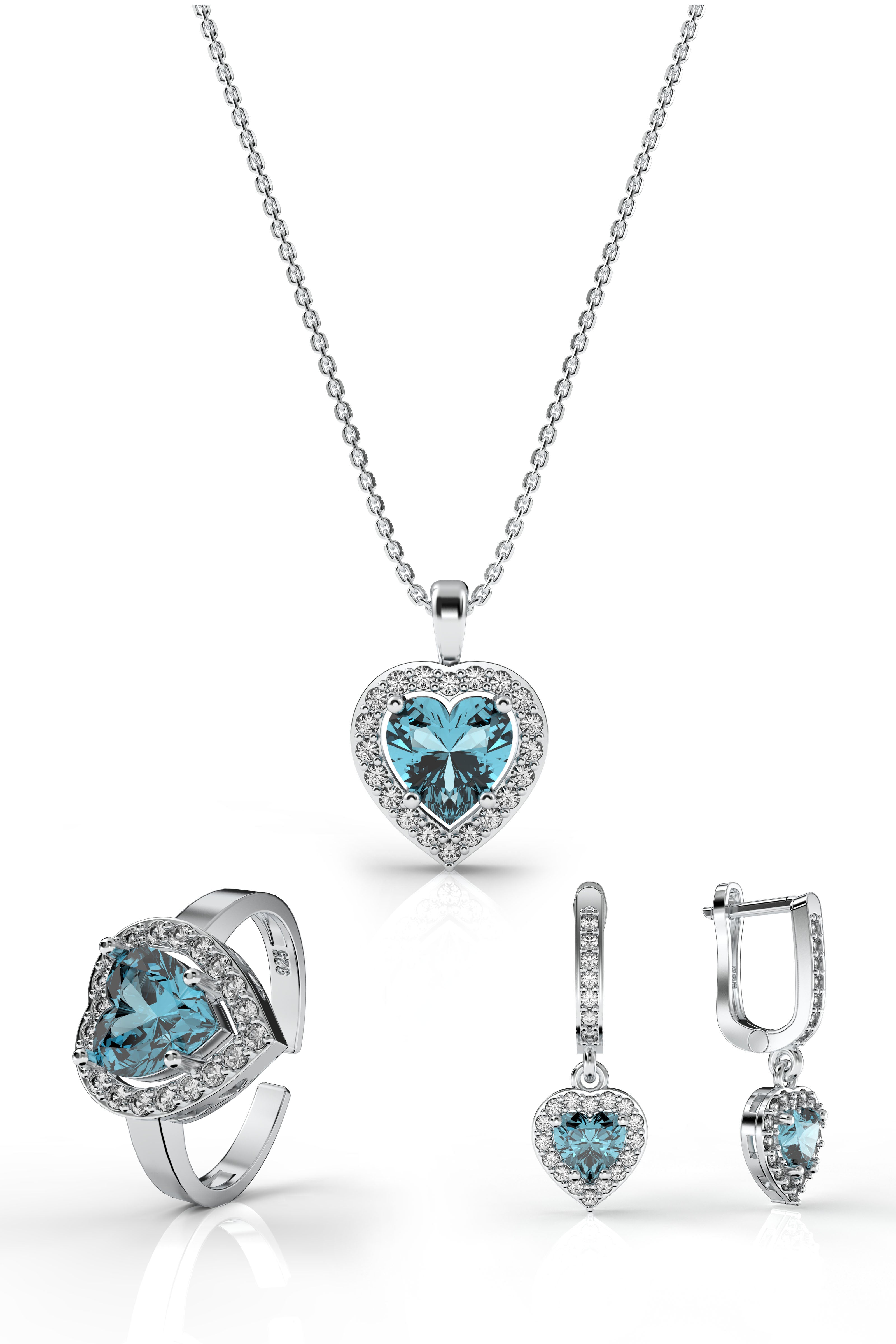 Aquamarine Sparkle Heart Set Rhodium Plated Silver