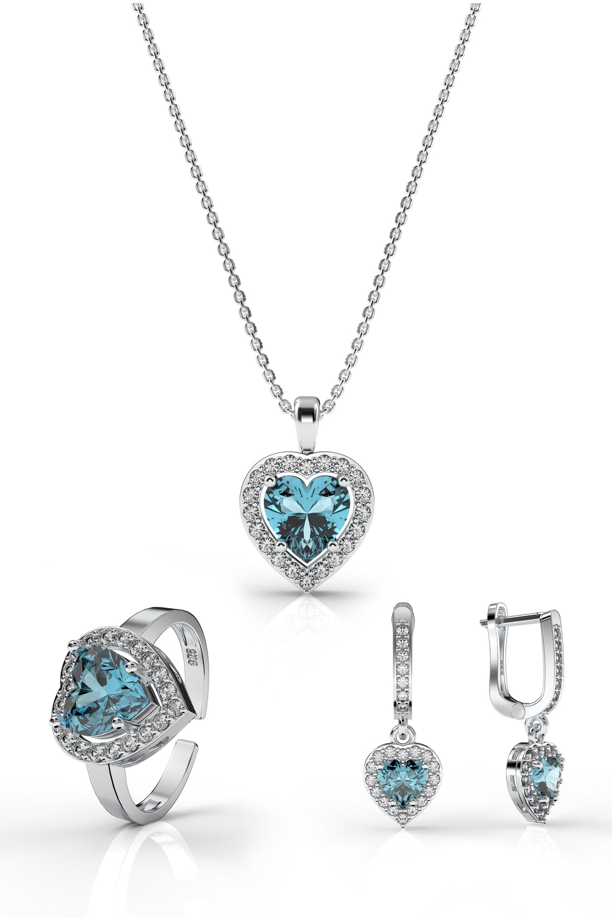Aquamarine Diamond Sparkle Heart 3-Piece Set in 925 sterling silver - view 3