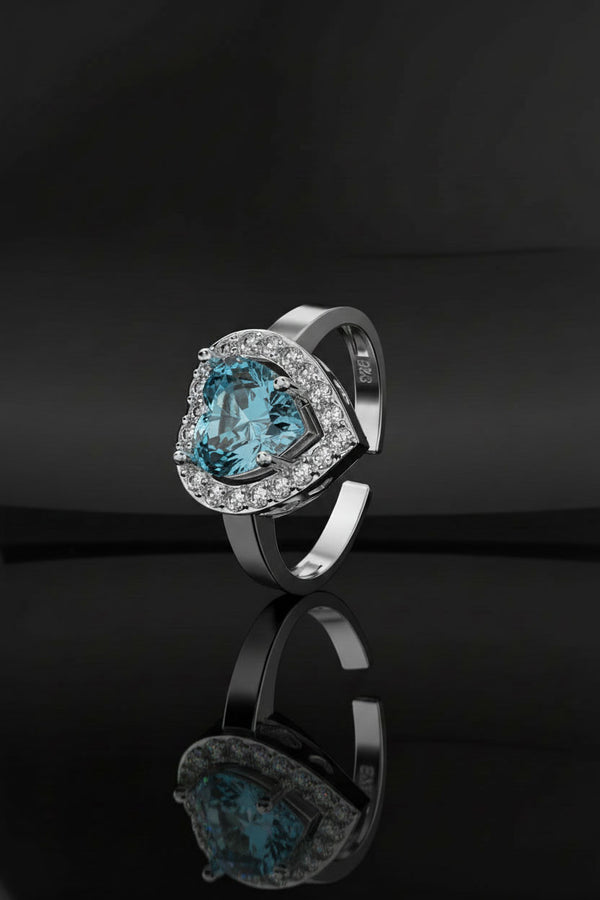 Aquamarine Sparkle Heart Ring Rhodium Plated Silver