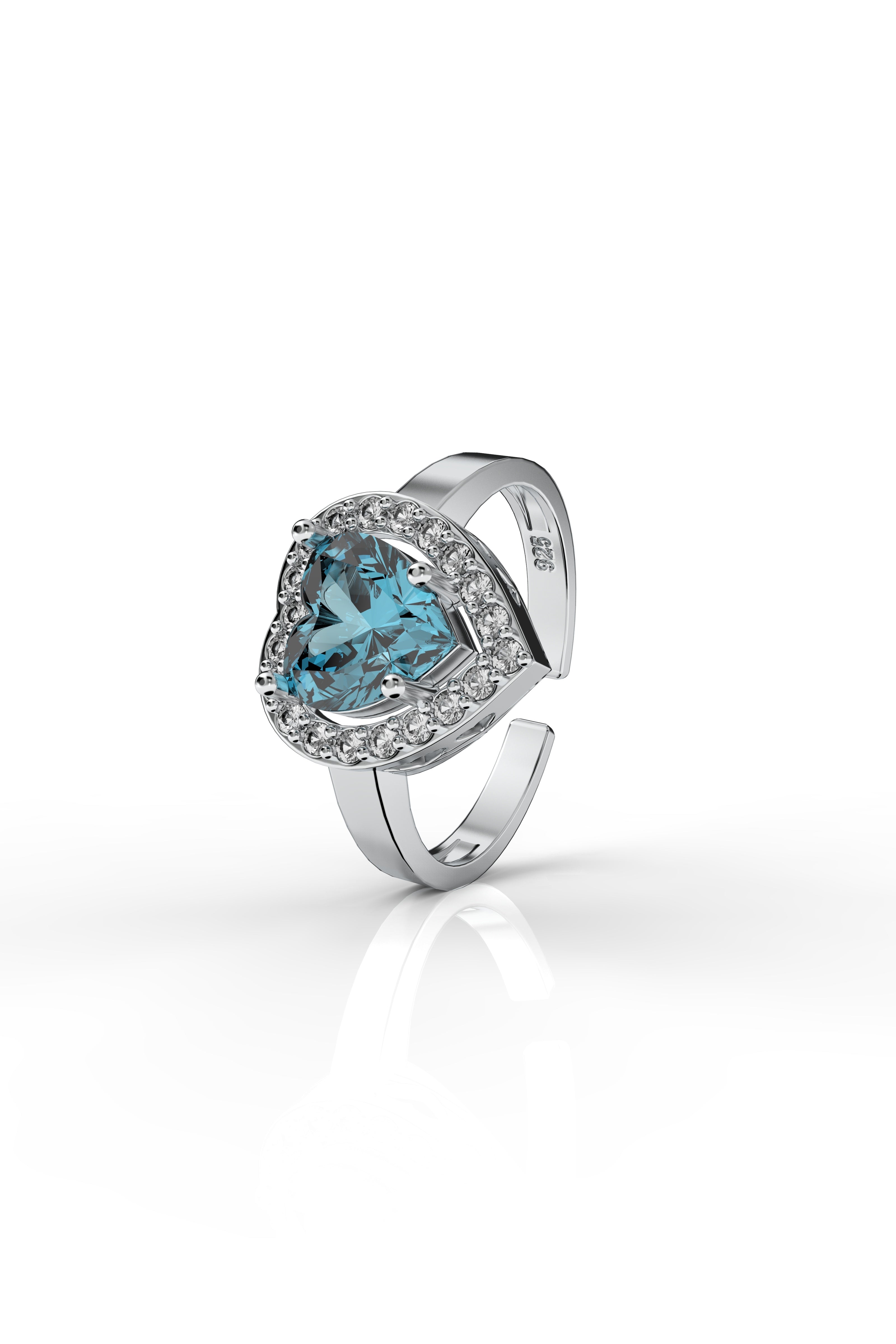 Aquamarine Sparkle Heart Ring Rhodium Plated Silver