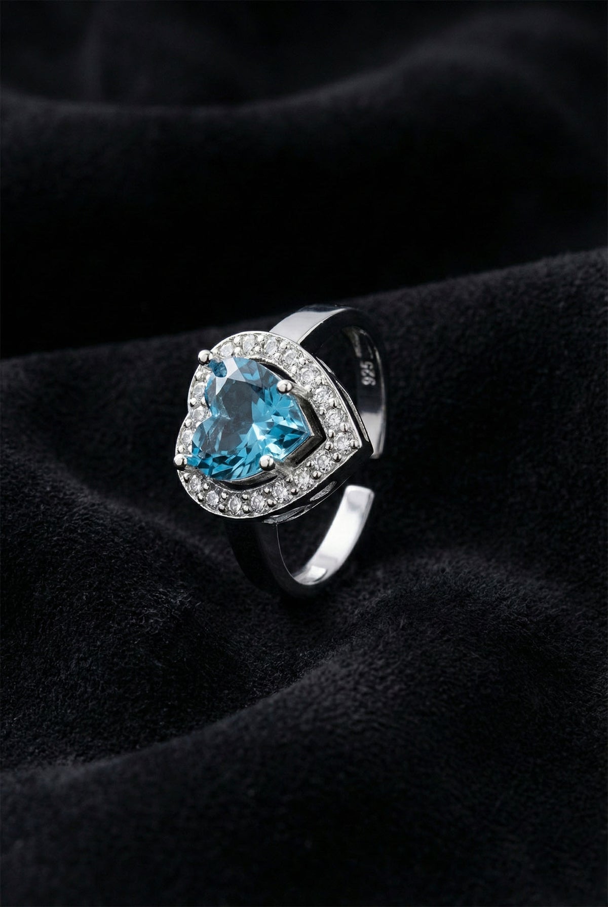 Heart Aquamarine - Zircon Halo Adjustable Ring in 925 sterling silver
