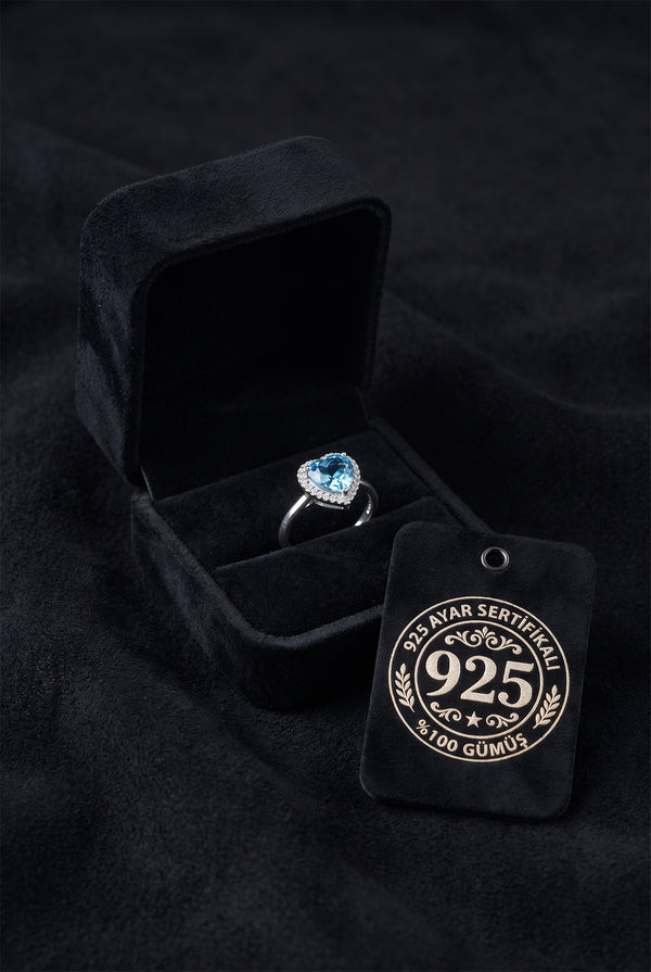 925 Sterling Silver Heart Aquamarine Ring - Rhodium Plated Cubic Zirconia Halo Adjustable Ring for Women