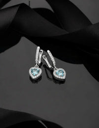925 Sterling Silver Aquamarine Gemstone Rhodium Plated Diamond Shimmering Dangle Heart Earrings
