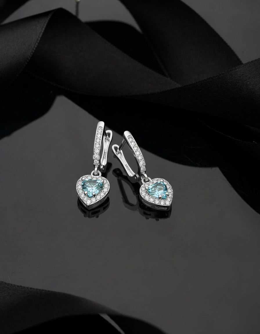 925 Sterling Silver Aquamarine Gemstone Rhodium Plated Diamond Shimmering Dangle Heart Earrings