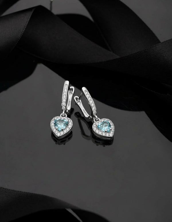 925 Sterling Silver Aquamarine Gemstone Rhodium Plated Diamond Shimmering Dangle Heart Earrings
