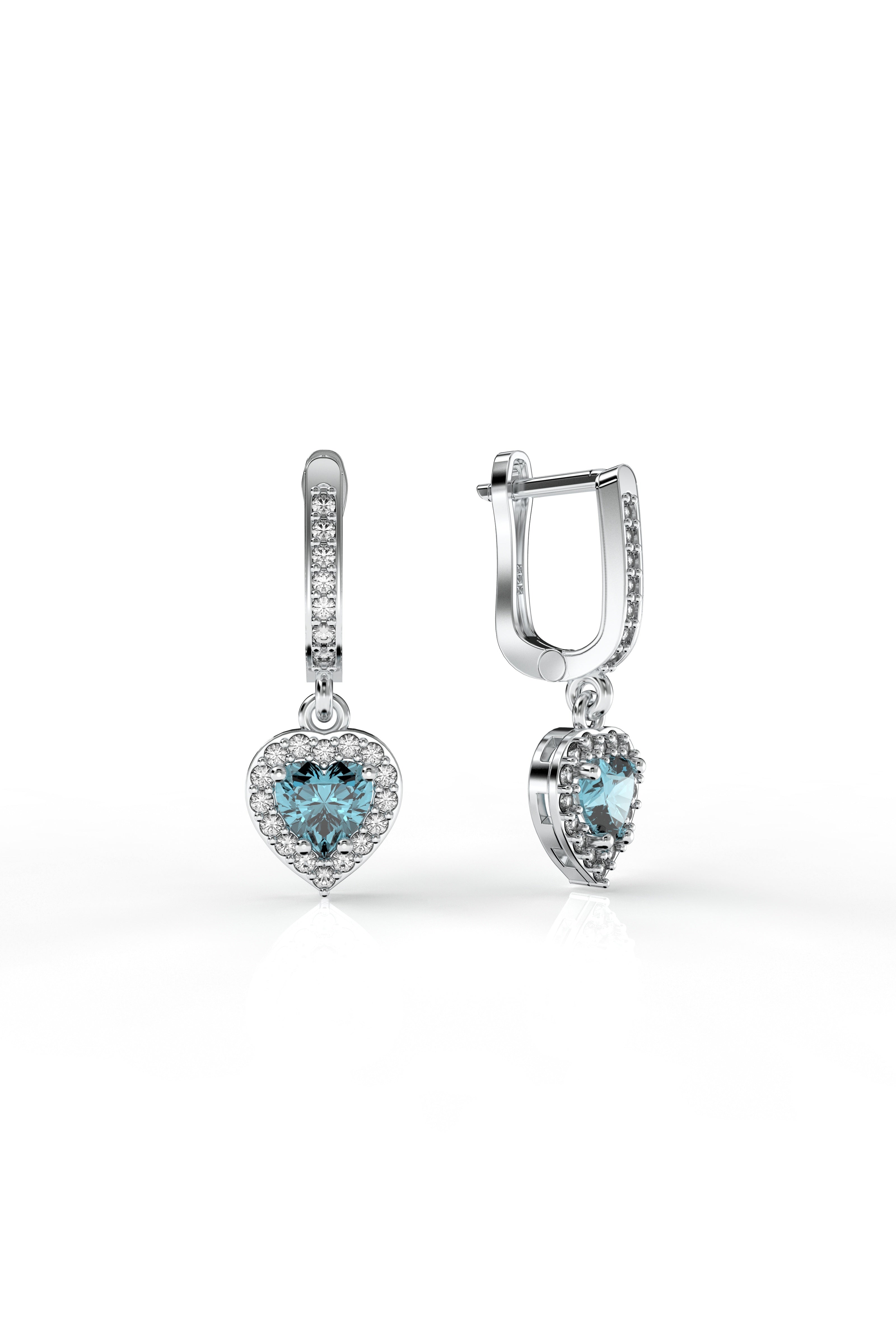 Aquamarine Sparkle Dangle Heart Earrings Rhodium Plated Silver