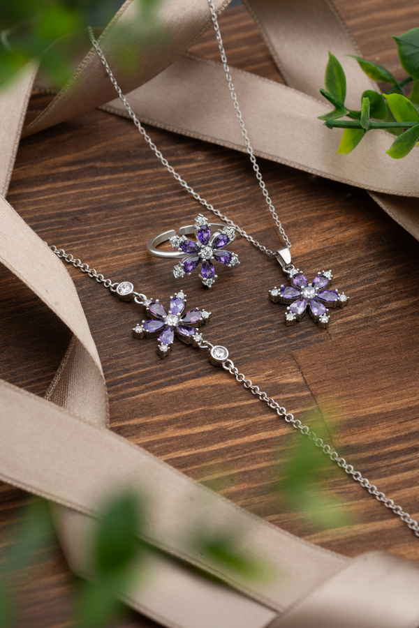 925 Sterling Silver Rhodium Plated Amethyst Lotus Flower 3-Piece Set
