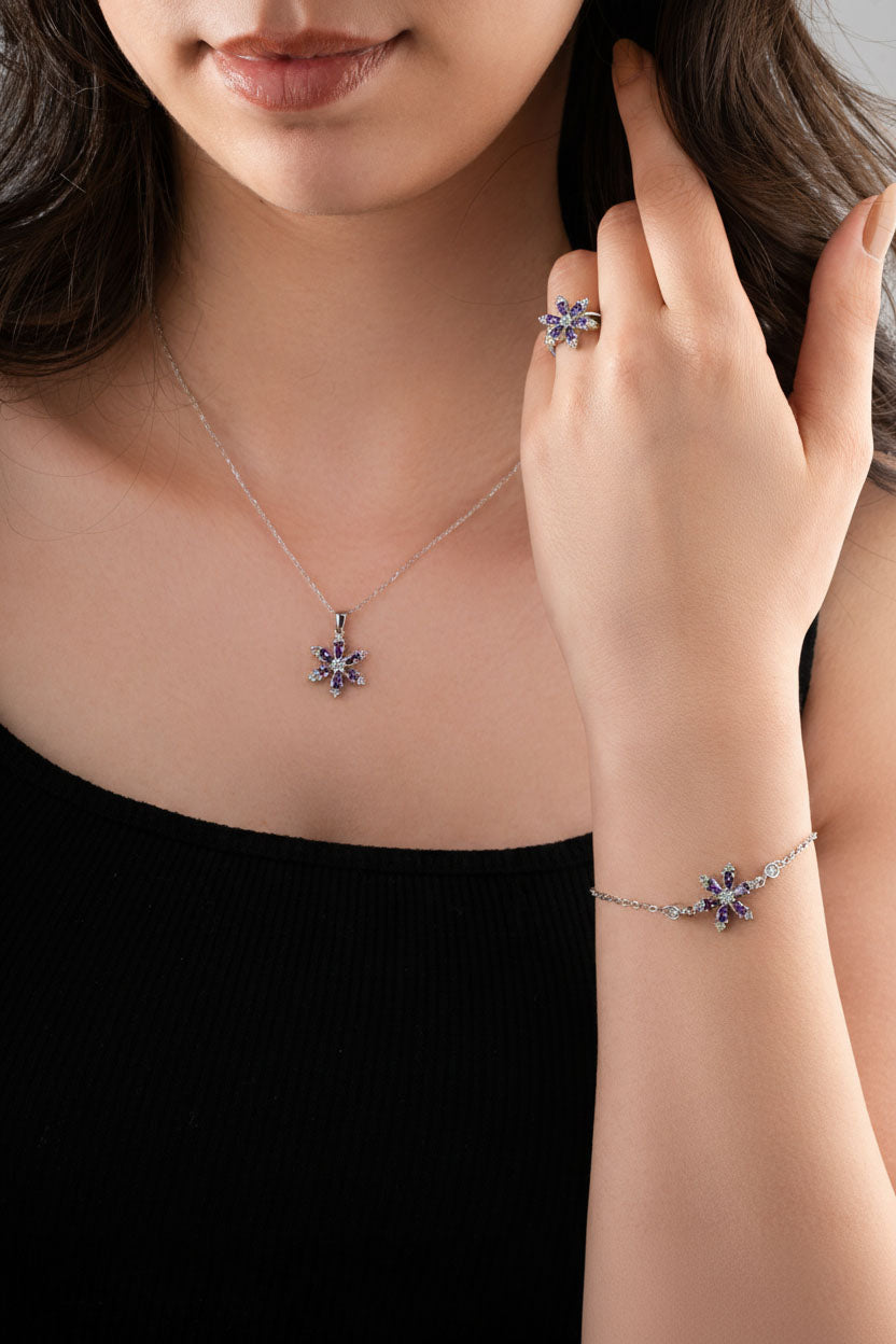Amethyst Lotus Flower Set Rhodium Plated Silver