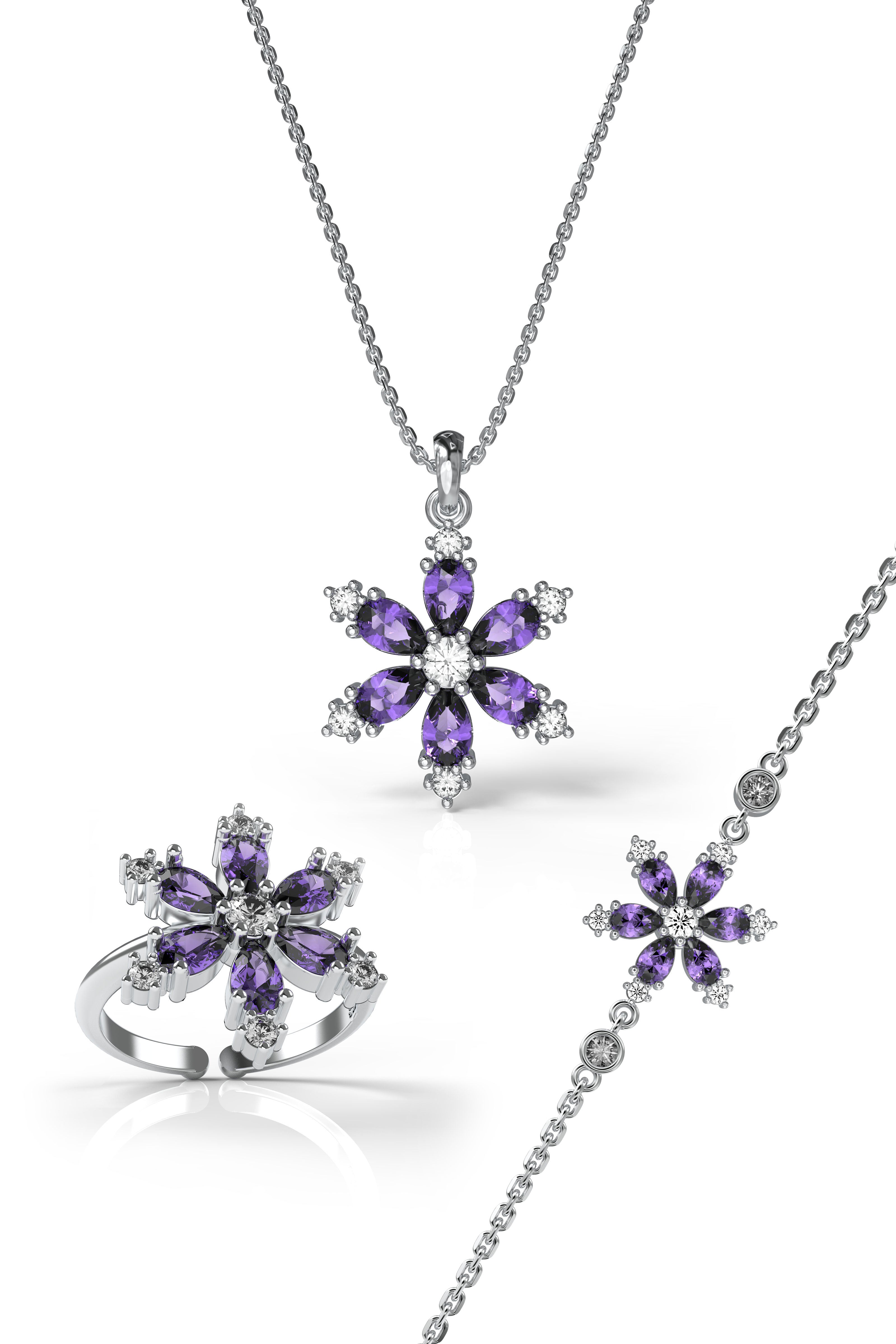 Amethyst Lotus Flower Set Rhodium Plated Silver