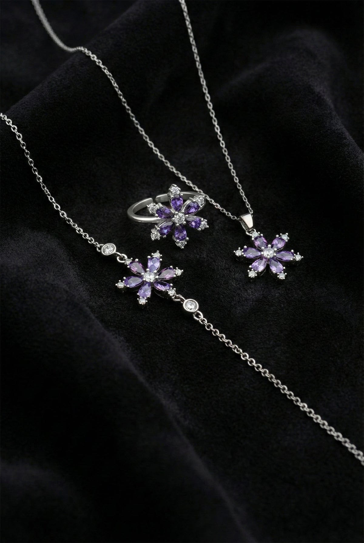 Amethyst-Lotosblumen-Schmuckset, 3-teilig aus 925er Sterlingsilber