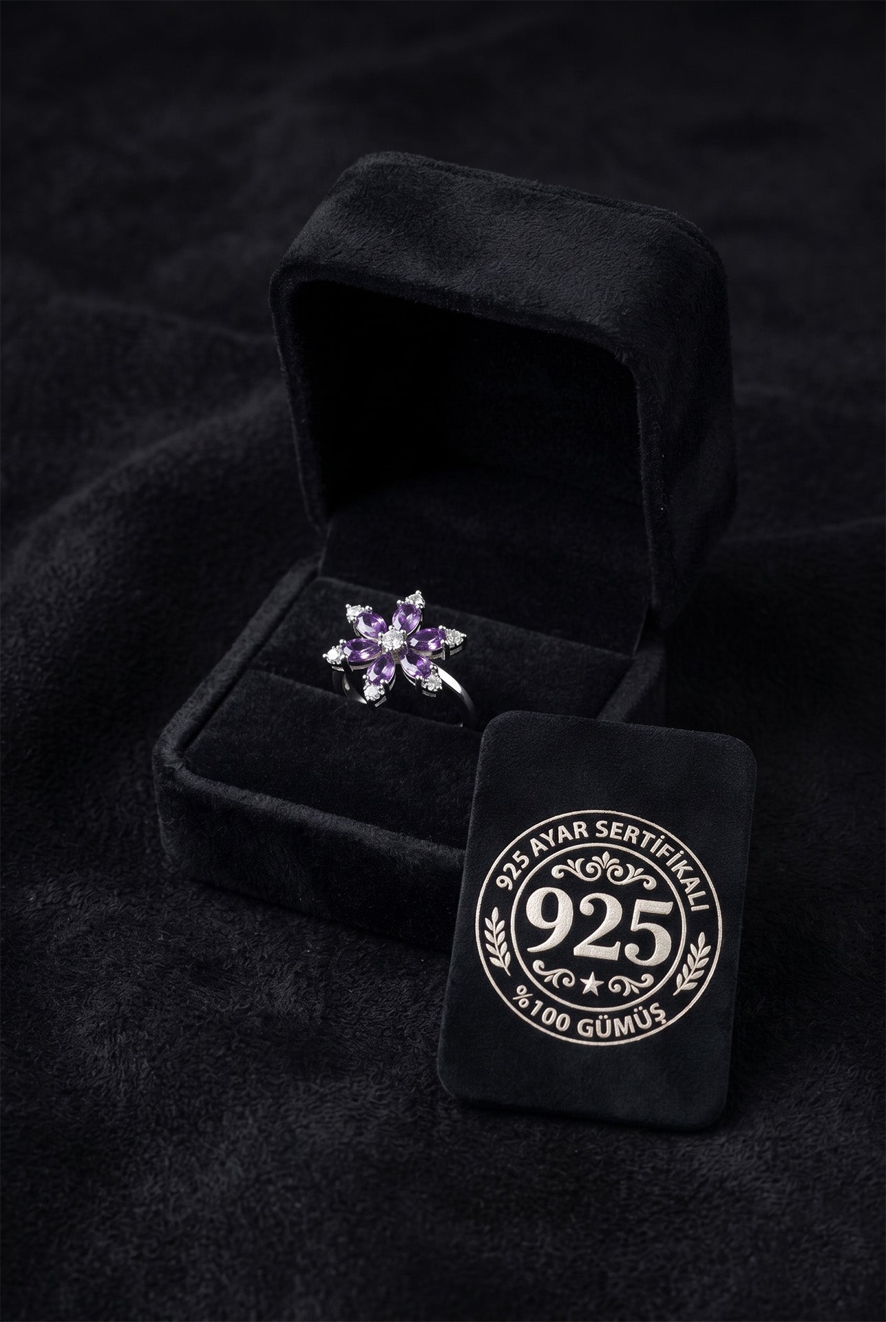 925 Sterling Silver Rhodium Plated Amethyst Lotus Flower Adjustable Ring