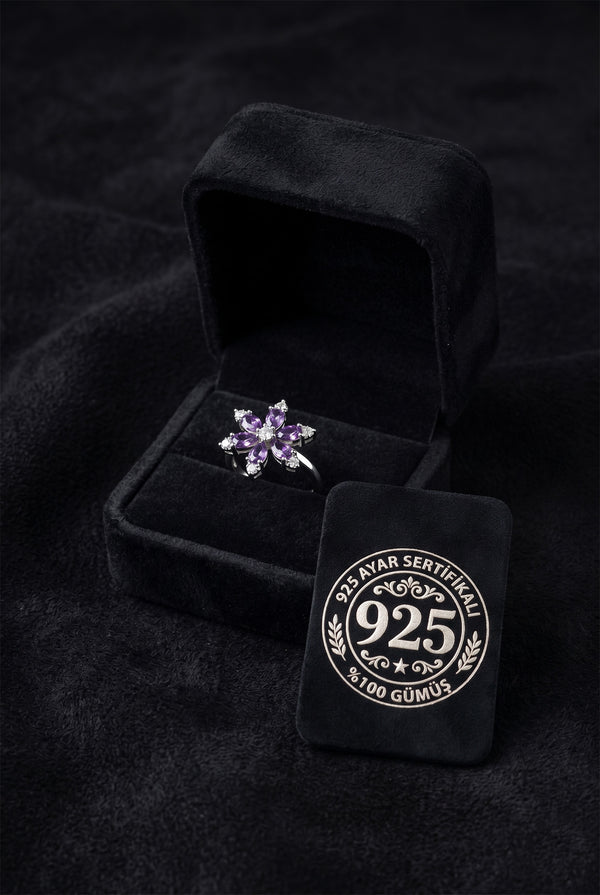 925 Sterling Silver Rhodium Plated Amethyst Lotus Flower Adjustable Ring