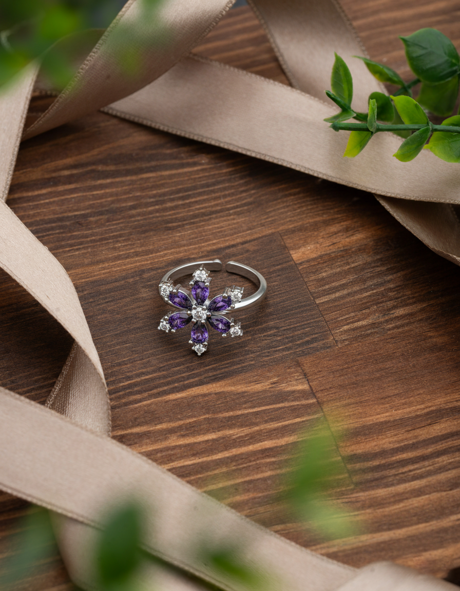 925 Sterling Silver Rhodium Plated Amethyst Lotus Flower Adjustable Ring