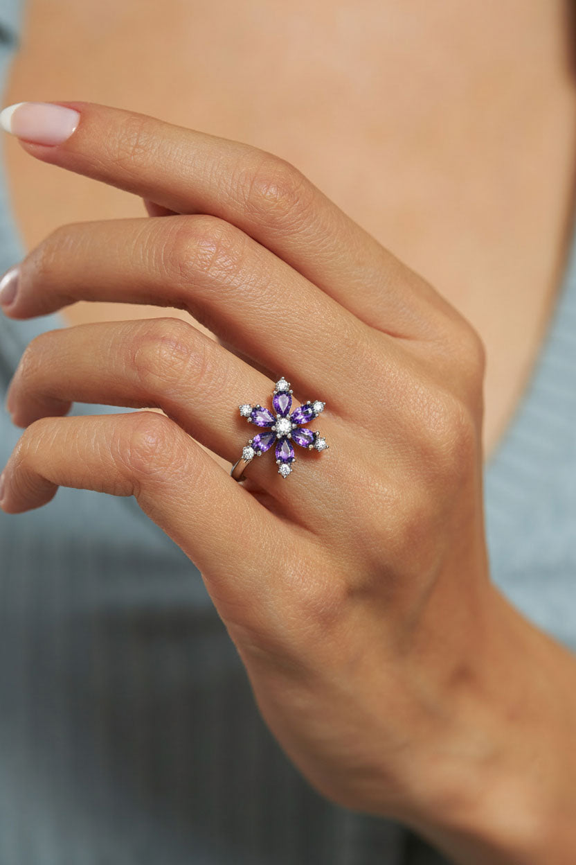 925 Sterling Silver Rhodium Plated Amethyst Lotus Flower Adjustable Ring