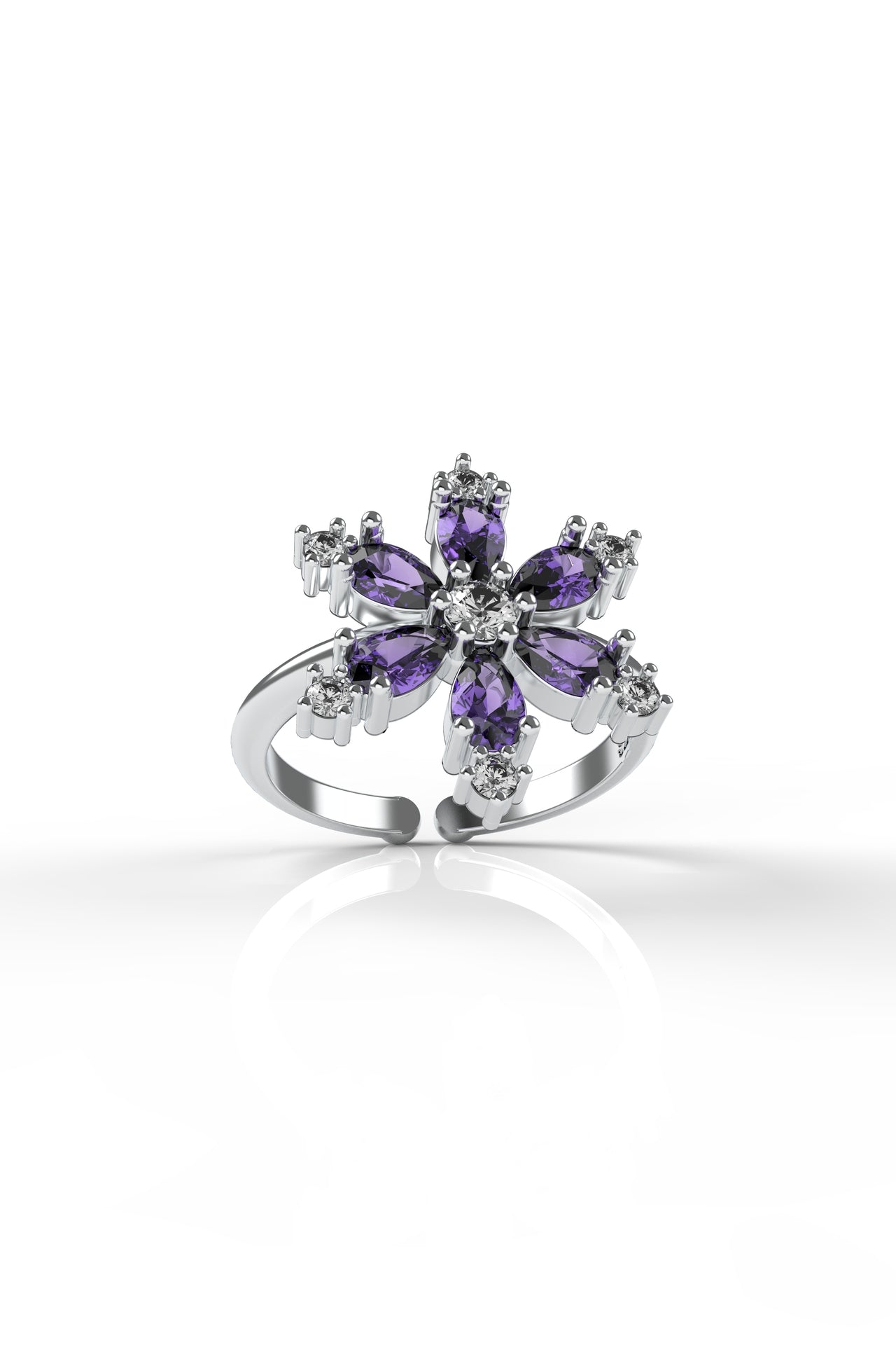 925 Sterling Silver Rhodium Plated Amethyst Lotus Flower Adjustable Ring