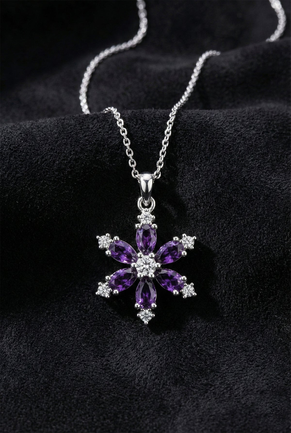 Rhodium Amethyst Zircon Lotus Flower Necklace in 925 sterling silver