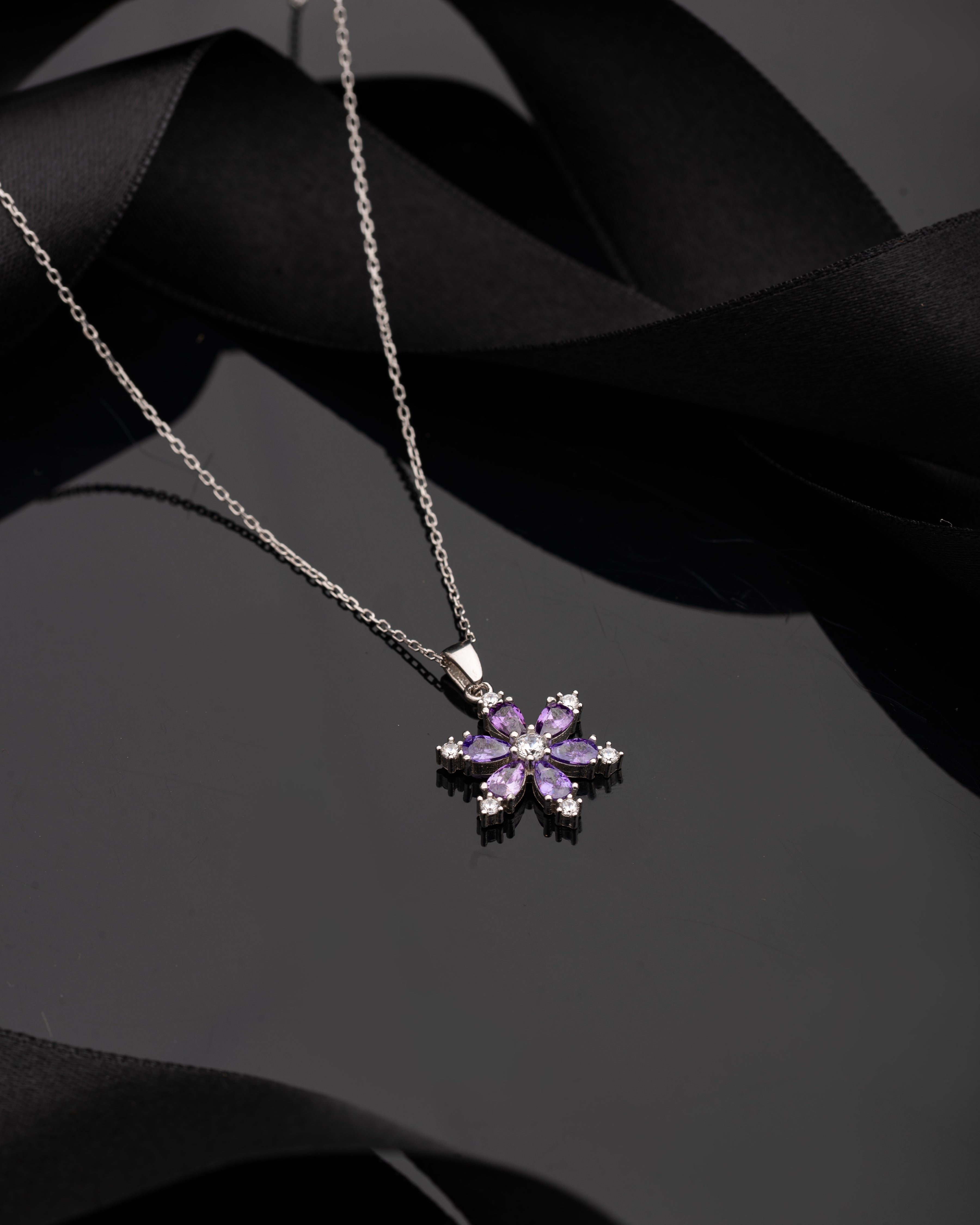 925 Sterling Silver Rhodium Lotus Flower Necklace with Amethyst Stone