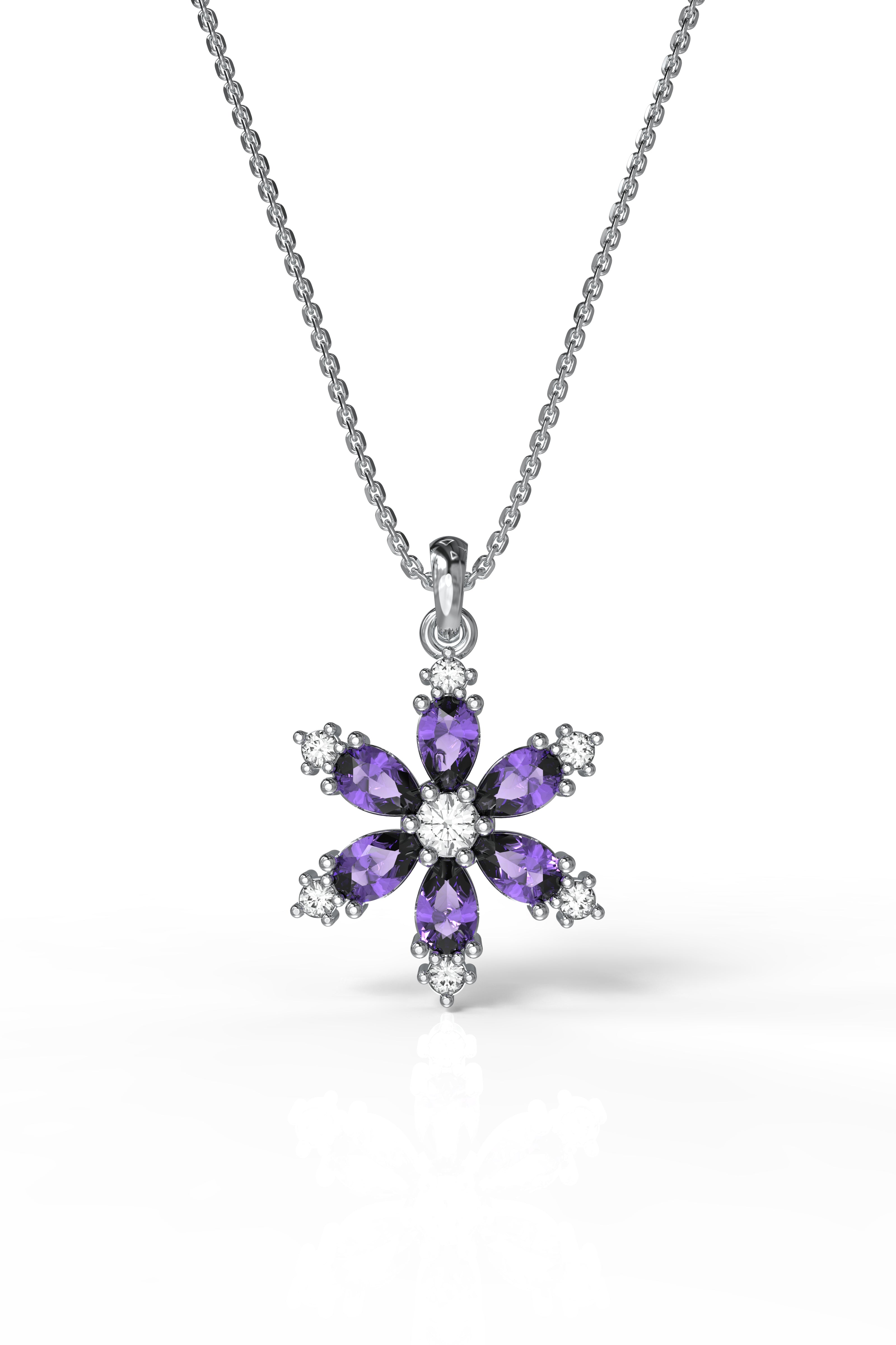 Amethyst Lotus Flower Necklace Rhodium Plated Silver