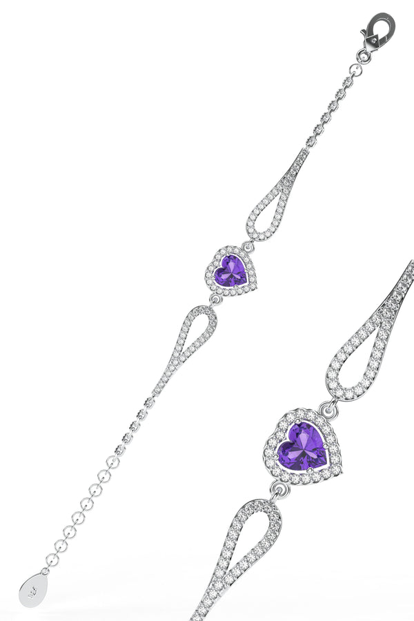 Amethyst Sparkle Look Heart Bracelet Rhodium Plated Silver