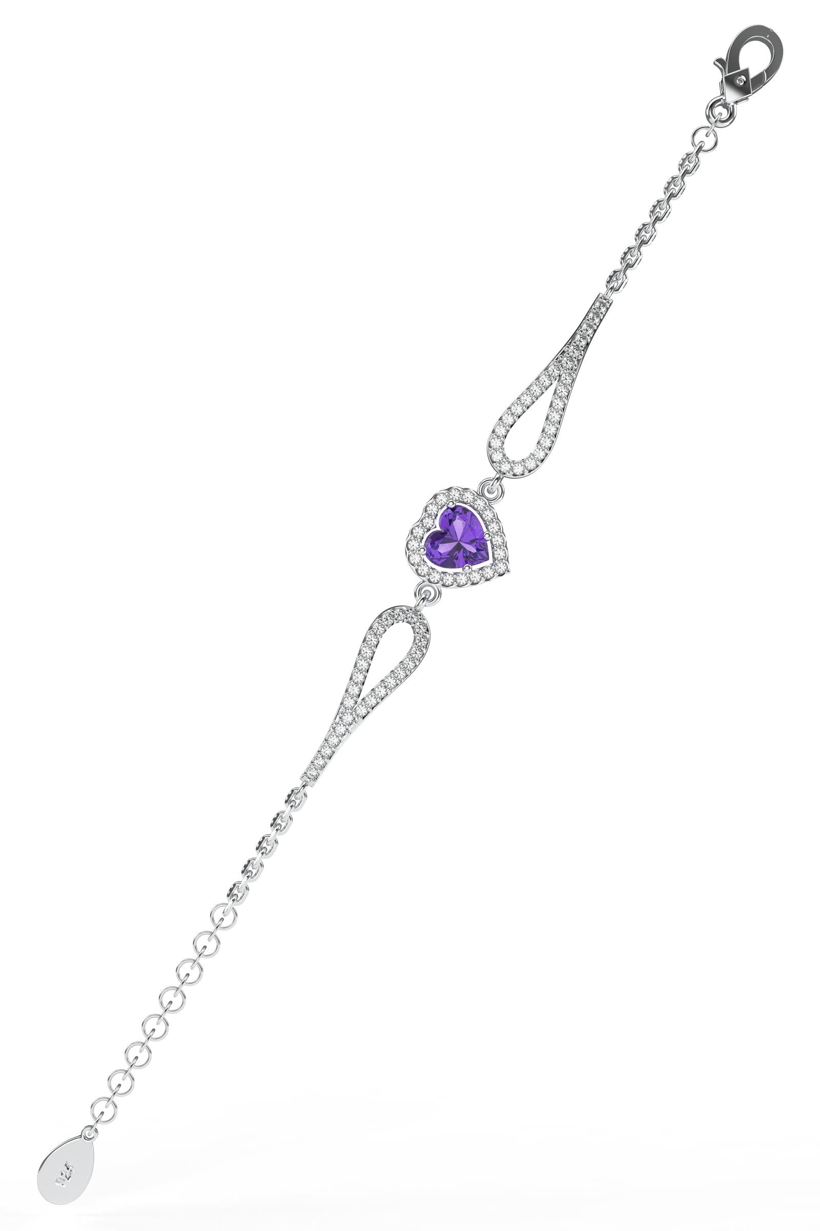 Amethyst Sparkle Look Heart Bracelet Rhodium Plated Silver