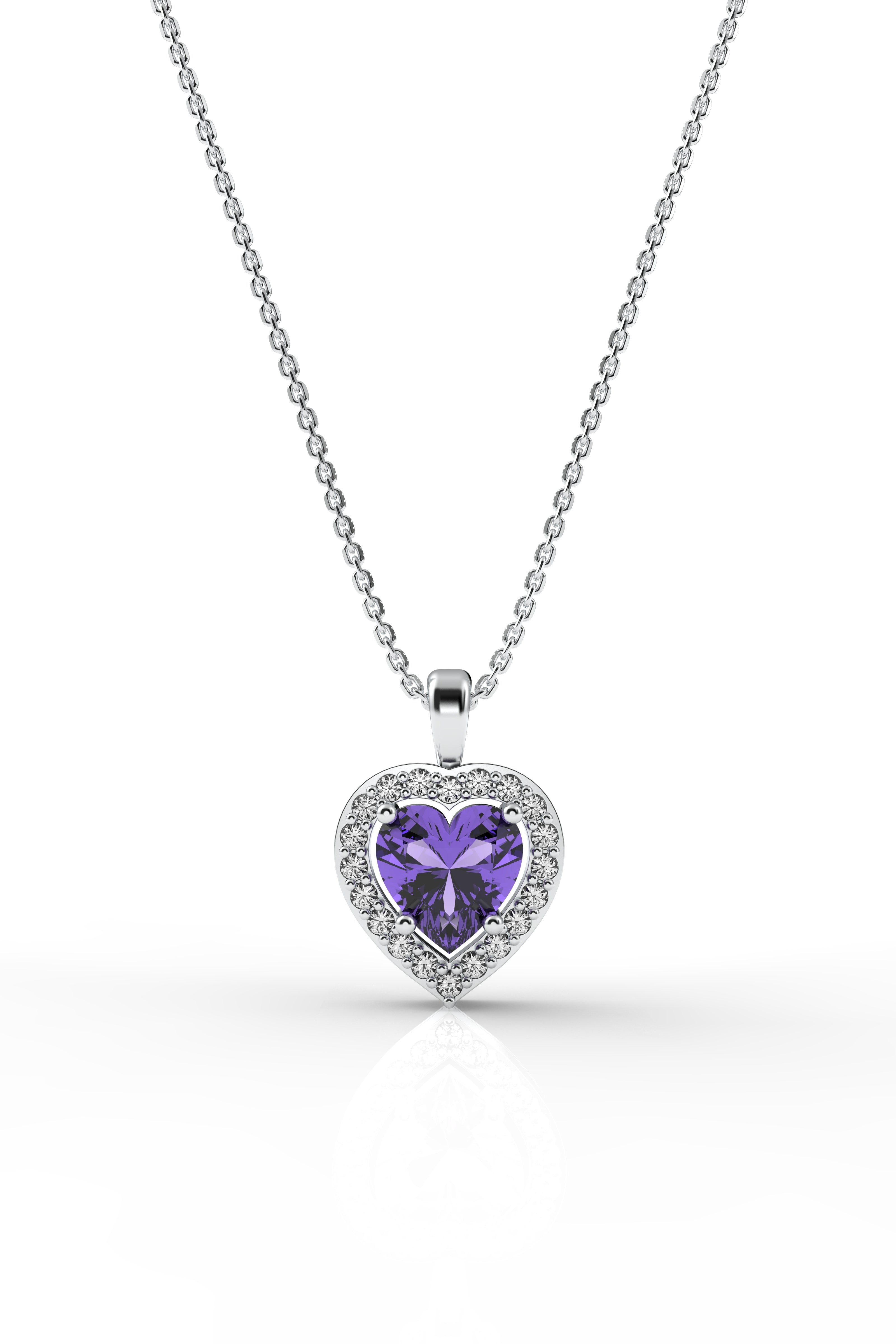 Amethyst Sparkle Look Heart Necklace Rhodium Plated Silver