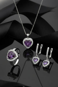 925 Sterling Silver Amethyst Rhodium Diamond Sparkle Heart 3-Piece Silver Set *Adjustable