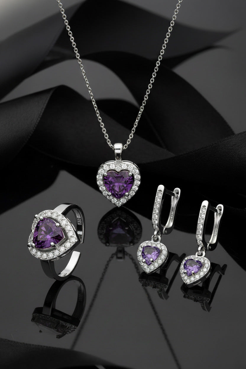 925 Sterling Silver Amethyst Rhodium Diamond Sparkle Heart 3-Piece Silver Set *Adjustable