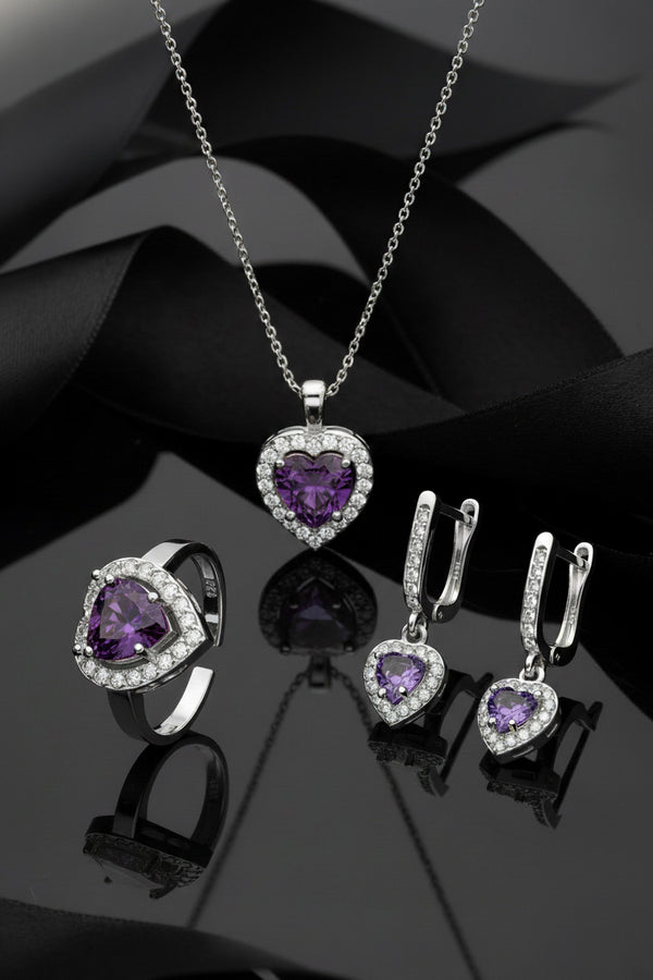 925 Sterling Silver Amethyst Rhodium Diamond Sparkle Heart 3-Piece Silver Set *Adjustable