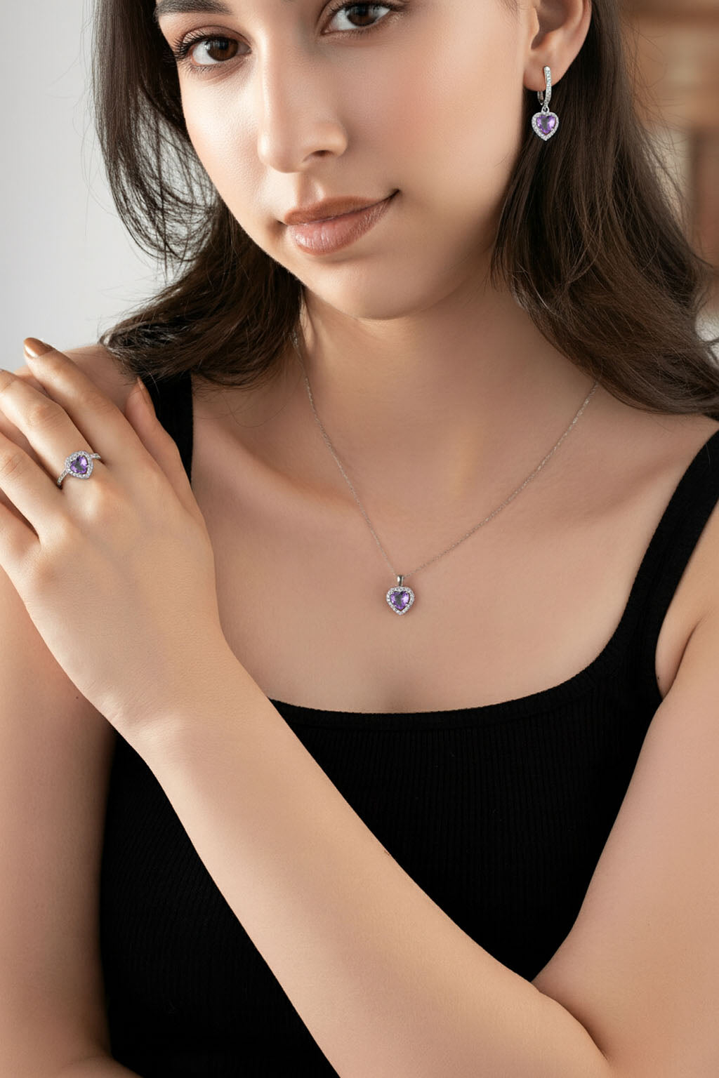 Amethyst Sparkle Heart Set Rhodium Plated Silver