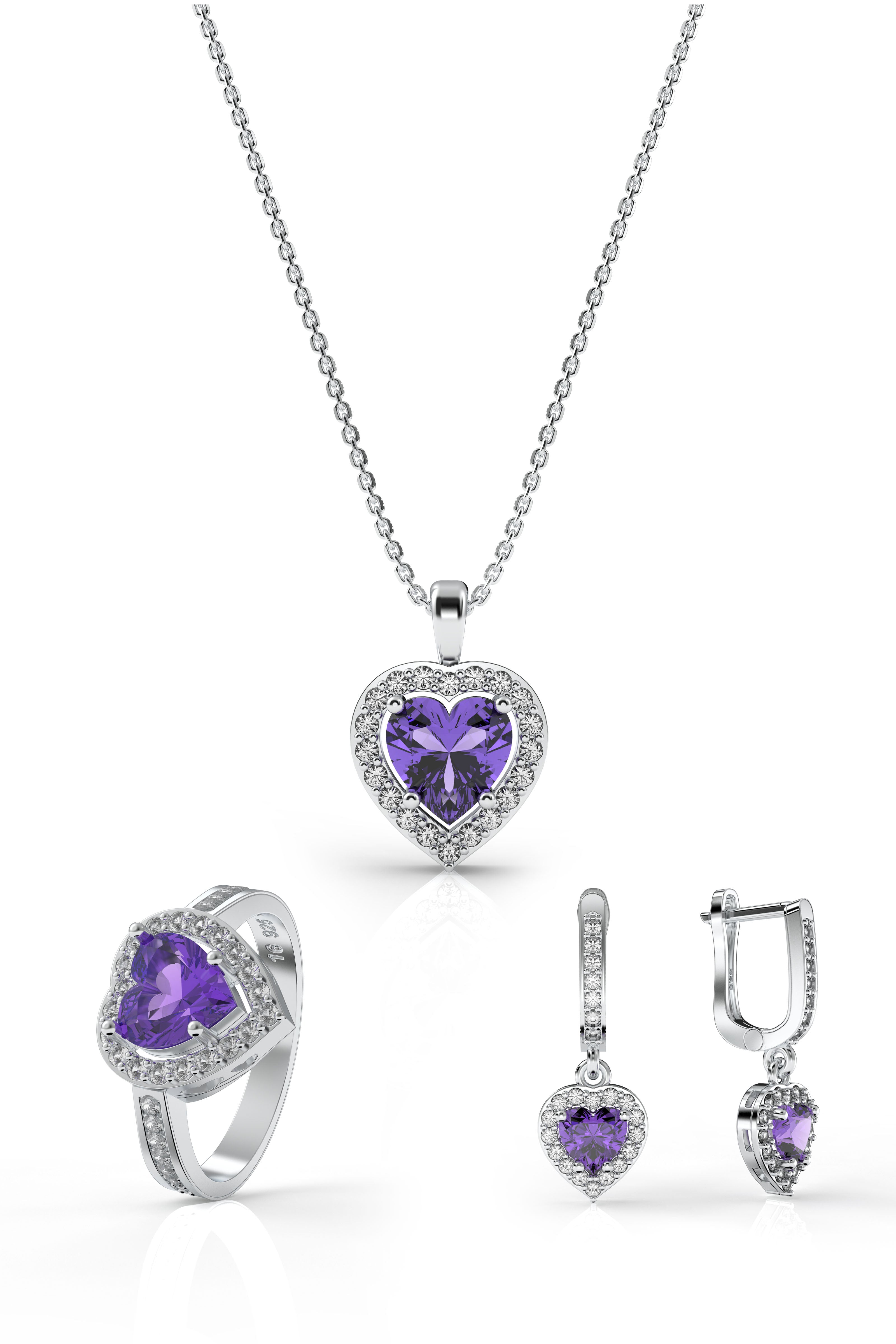 Amethyst Sparkle Heart Set Rhodium Plated Silver