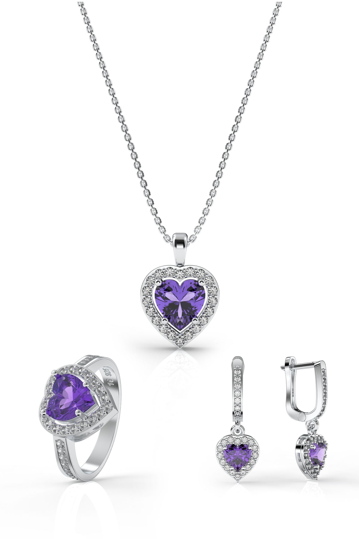 Amethyst Diamond Sparkle Heart 3-Piece Set | 925 Silver