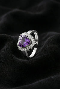 925 Sterling Silver Amethyst Rhodium Diamond Sparkle Heart Adjustable Ring