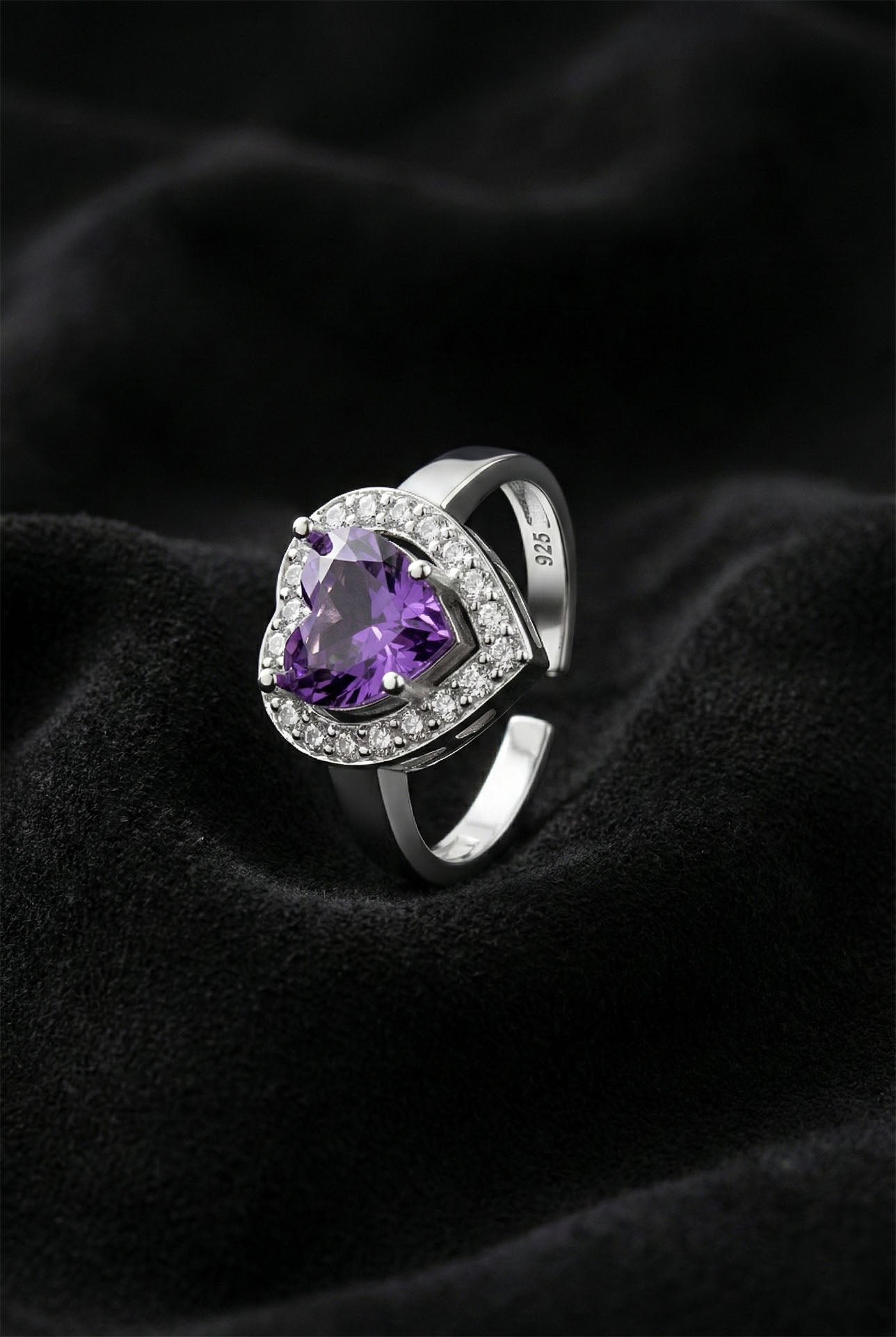 925 Sterling Silver Amethyst Rhodium Diamond Sparkle Heart Adjustable Ring