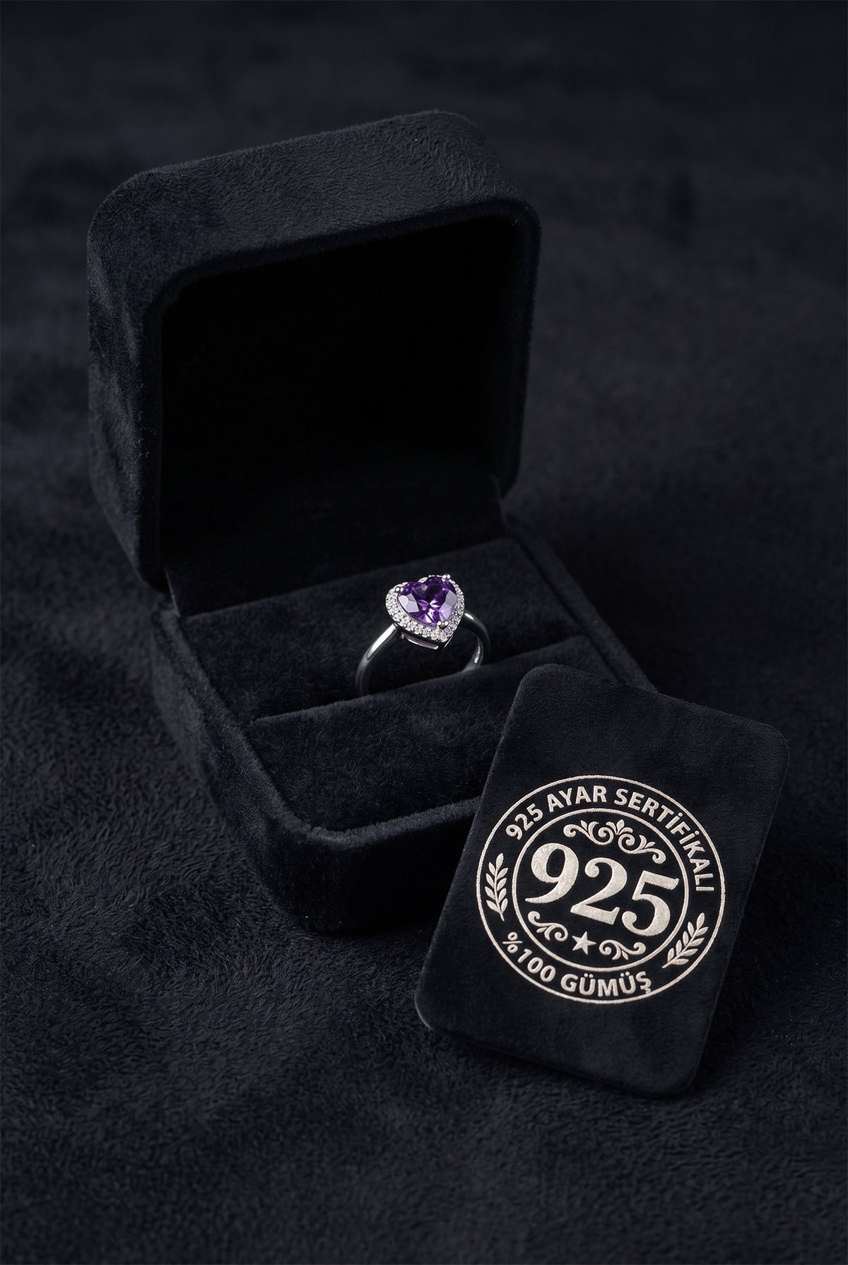 Heart Amethyst - Zircon Halo Adjustable Ring in 925 sterling silver - view 2