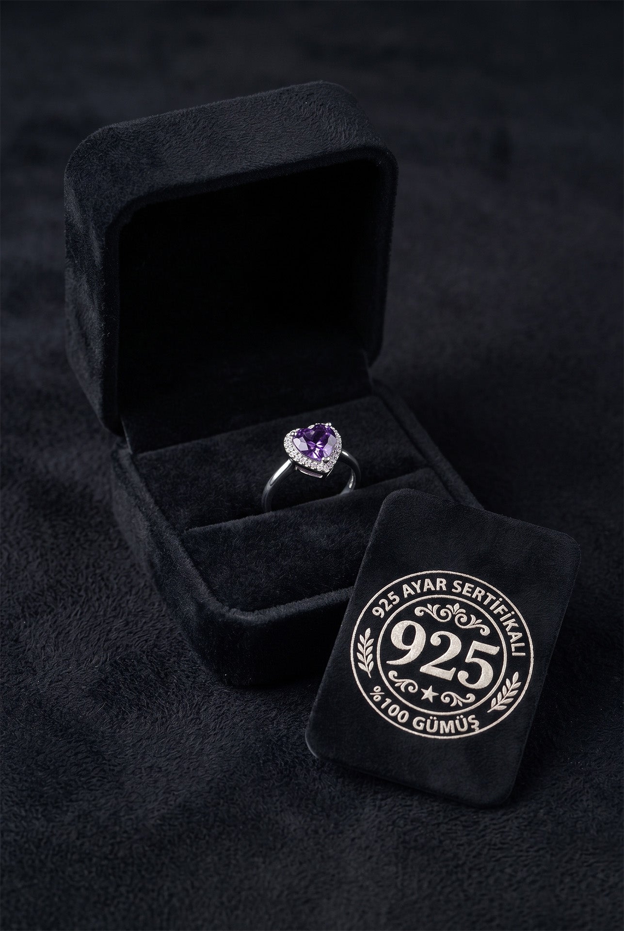 925 Sterling Silver Amethyst Rhodium Diamond Sparkle Heart Adjustable Ring