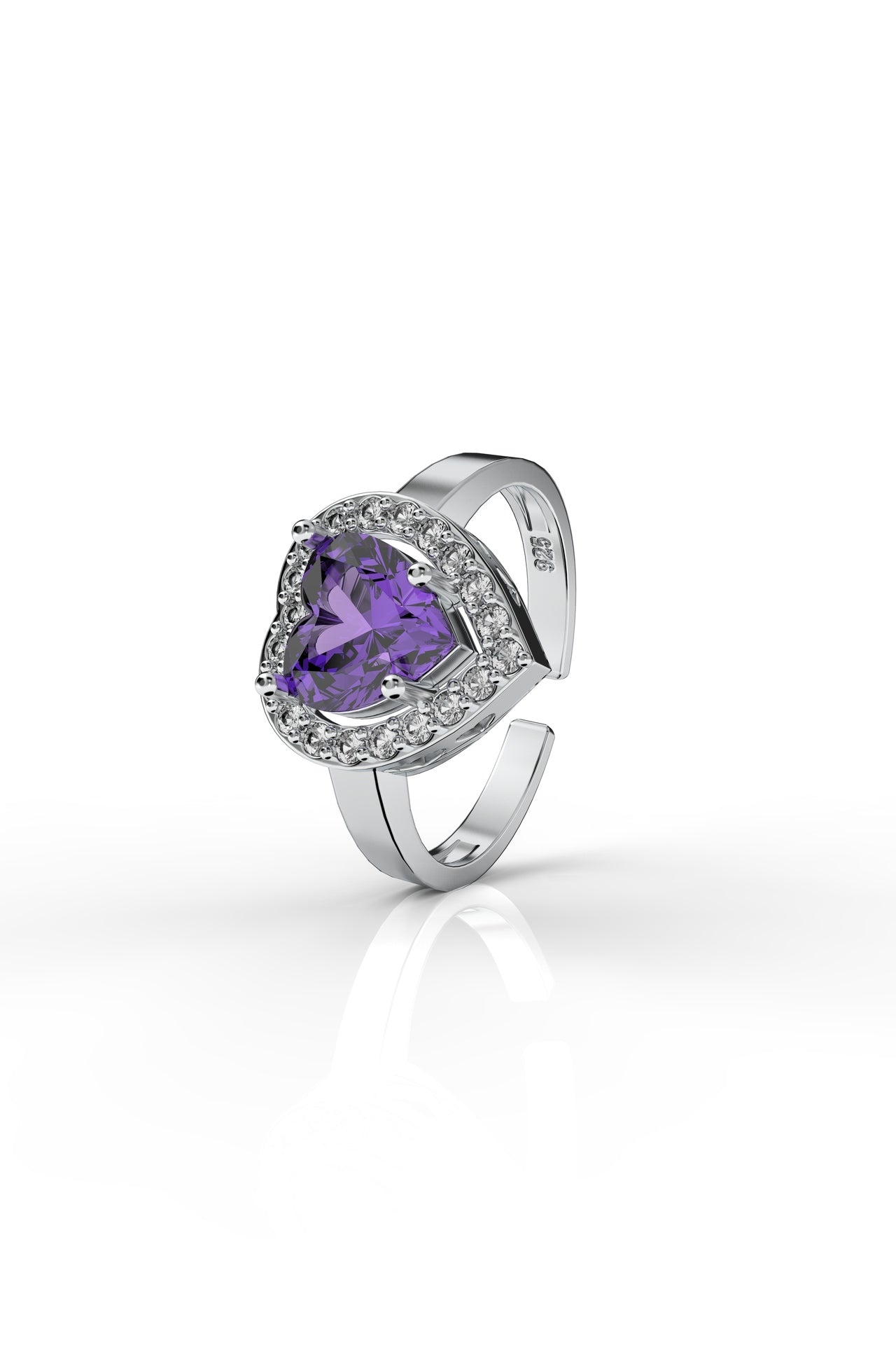 925 Sterling Silver Amethyst Rhodium Diamond Sparkle Heart Adjustable Ring