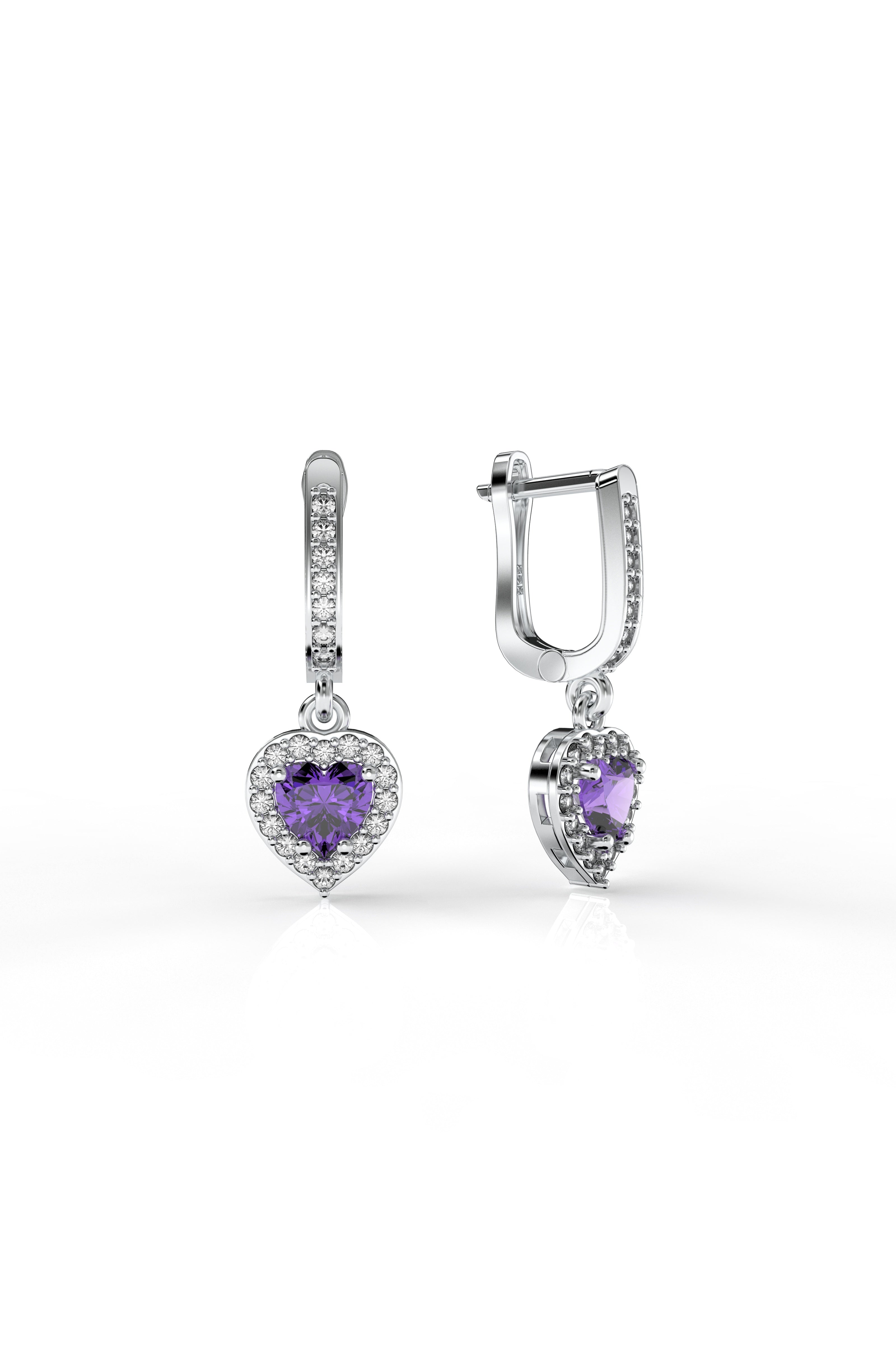 Amethyst Sparkle Dangle Heart Earrings Rhodium Plated Silver
