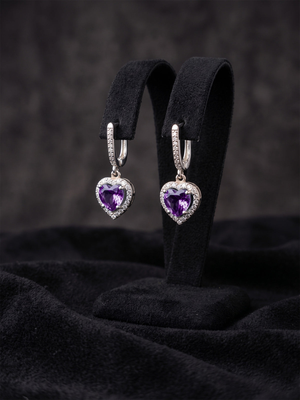 Purple Amethyst Heart Zircon Drop Earrings | 925 Silver