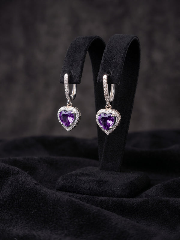 Purple Amethyst Heart Zircon Drop Earrings | 925 Silver