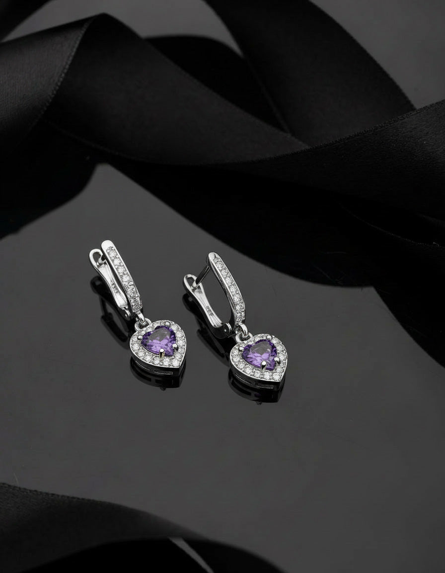 Purple Amethyst Heart Zircon Drop Earrings | 925 Silver