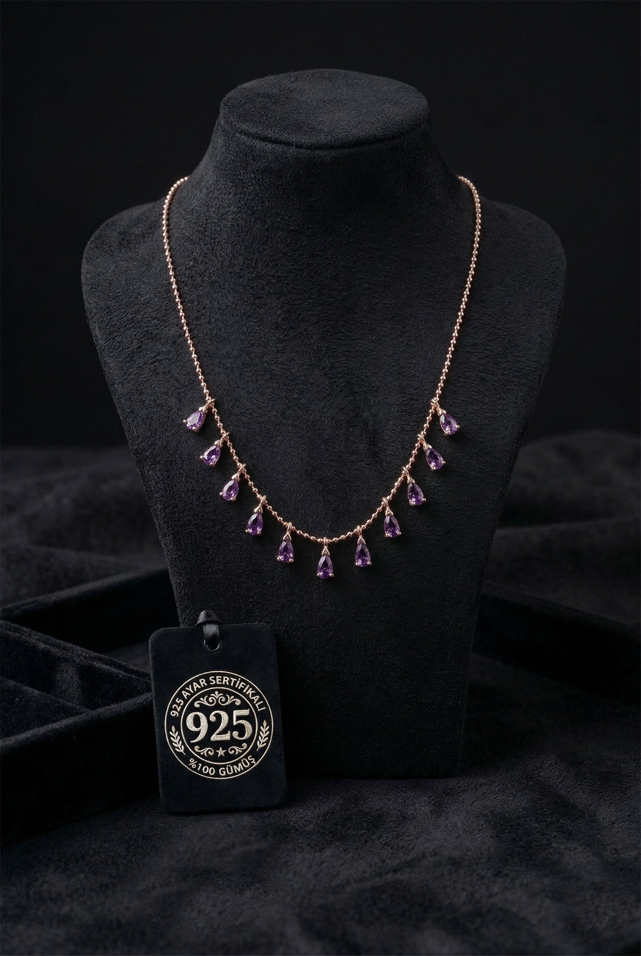 Amethyst Drop Necklace Rose Gold Plated Silver