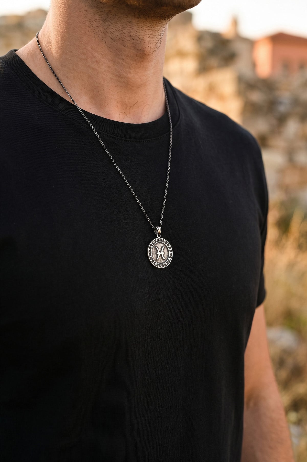 Pisces Zodiac Sign Wheel Medallion Necklace in 925 sterling silver - view 3