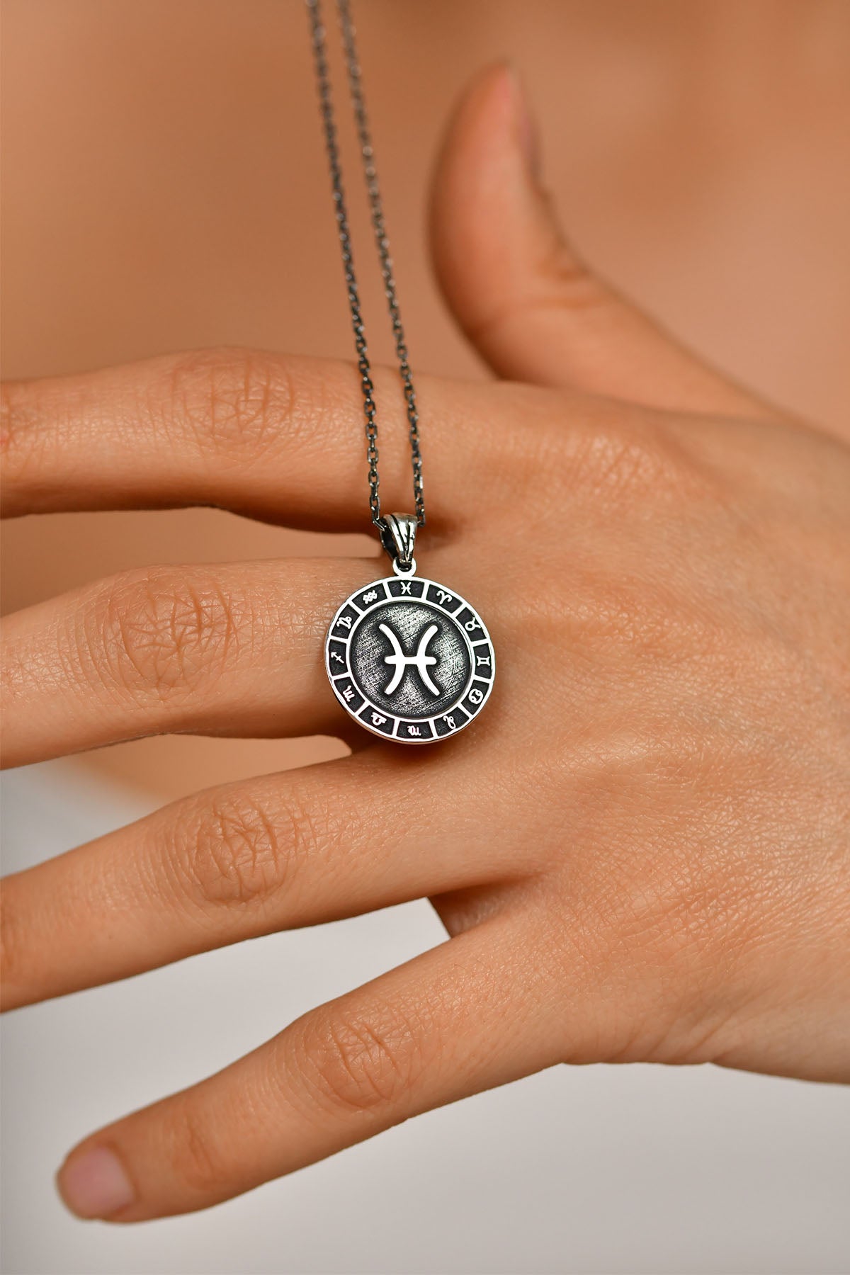 Pisces Zodiac Sign Wheel Medallion Necklace in 925 sterling silver - view 4