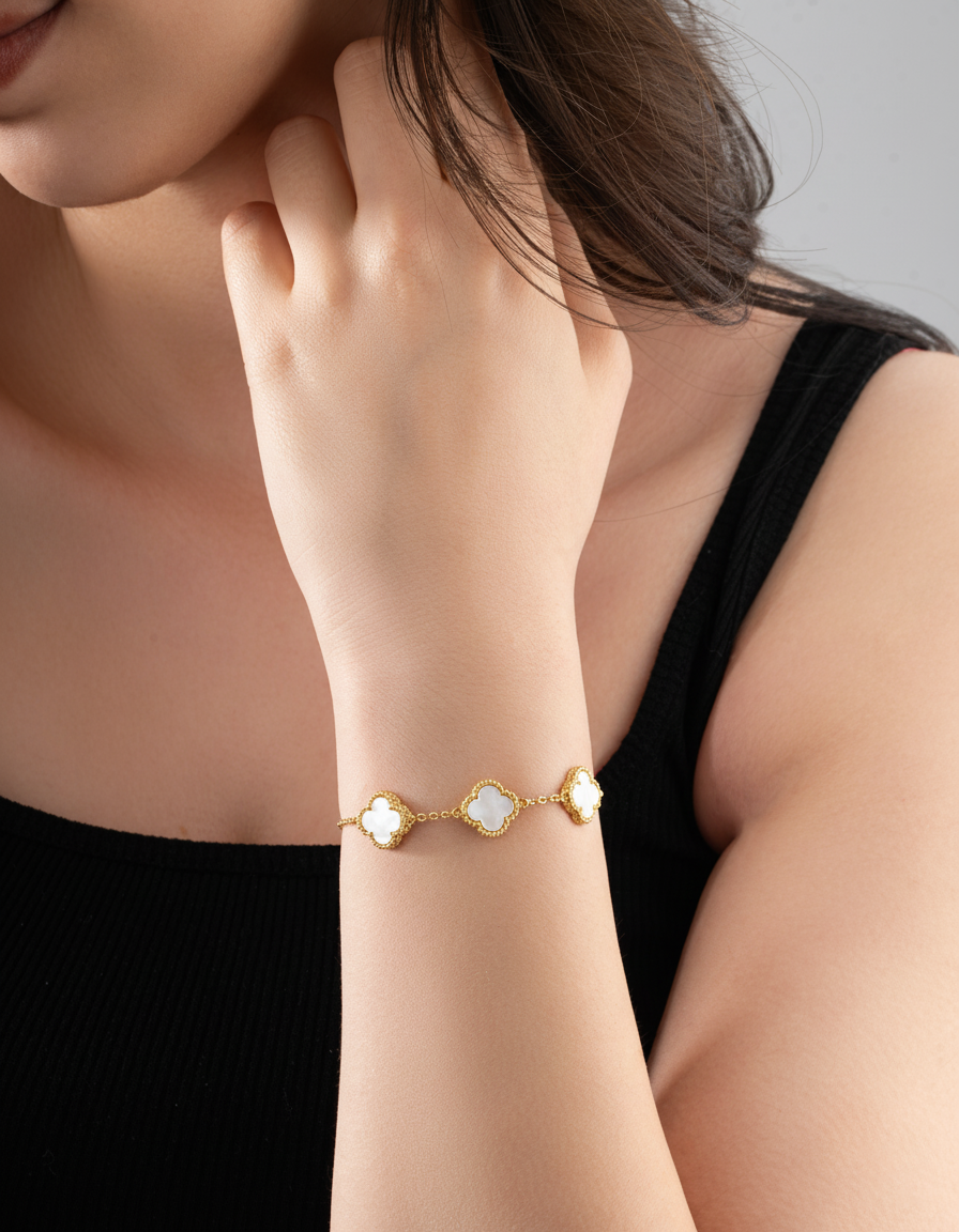 White Mother of Pearl Trio Clover Bracelet Gold Plated Silver